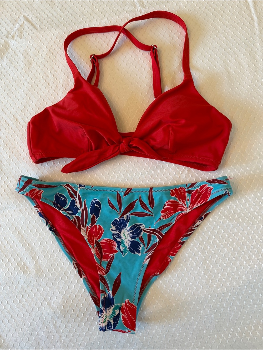 Cupshe Red Top with Turquoise Floral Bikini Bottom